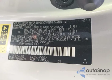 2012 Lexus Rx 350 z USA, uszkodzony, nr VIN 2T2BK1BA4CC136930